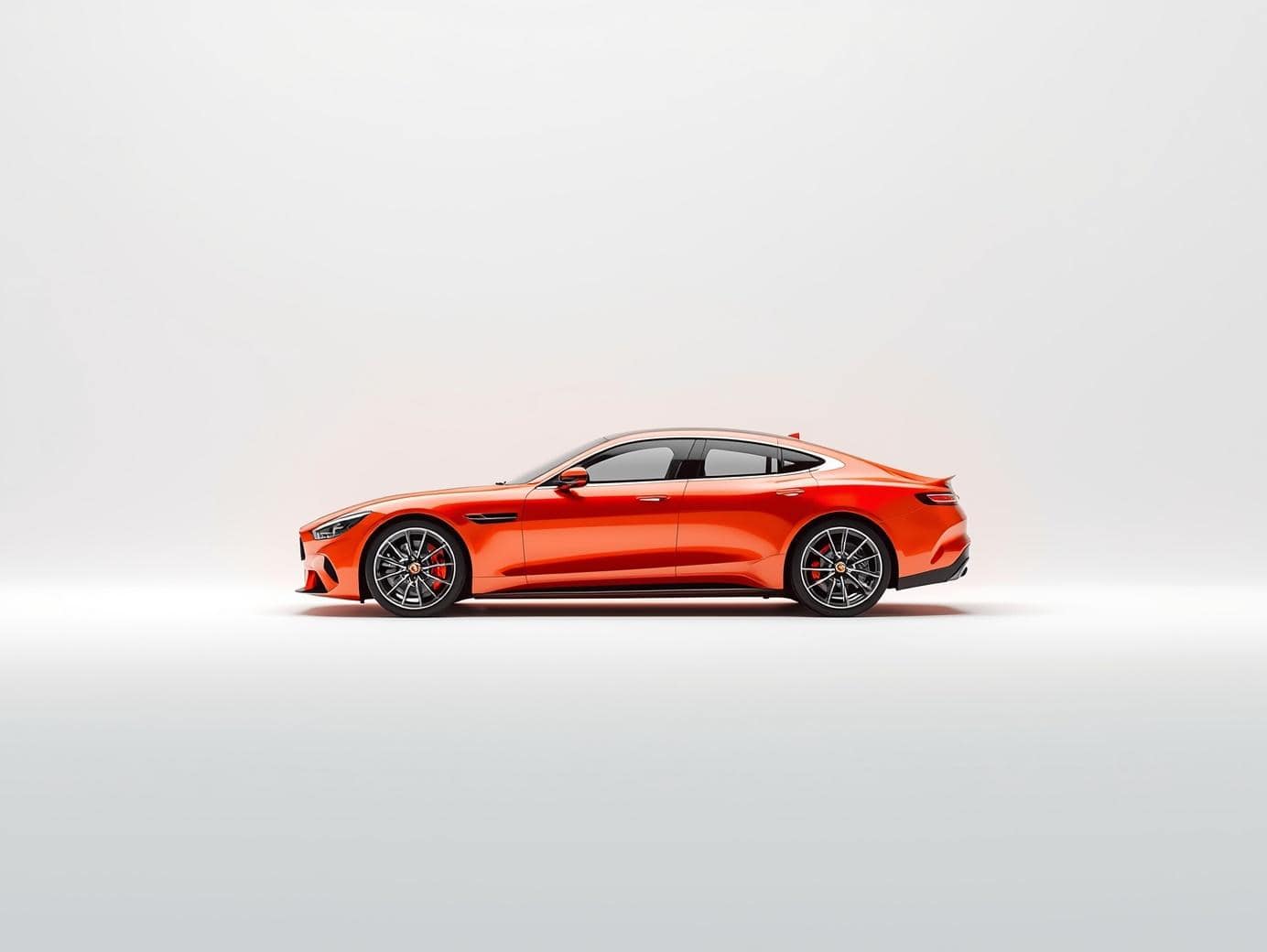 a minimalist premium 3d render of a car, accented with vibrant #e25822 orange red colors, bright soft studio lighting, centered, isolated on a clean white background.
