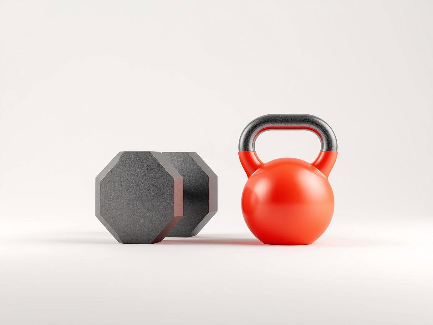 a minimalist premium 3d render of a heavy hexagonal dumbbell and a kettlebell, accented with vibrant #e25822 orange red colors, bright soft studio lighting, centered, isolated on a clean white background.